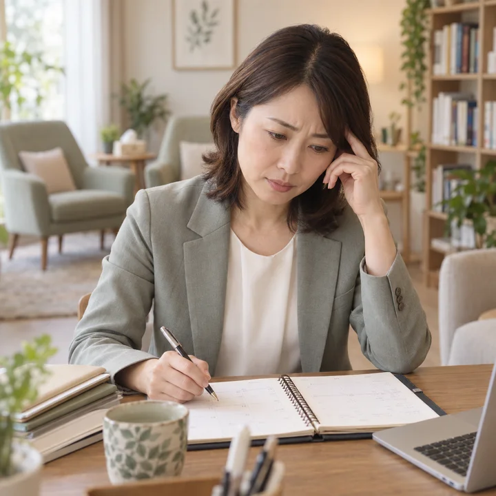 相談室で予約表や書類を前に、運営業務に悩むカウンセラー