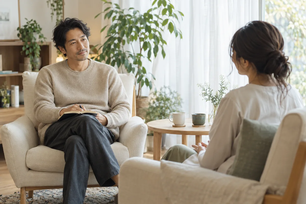 相談者と同じ目線に座り、話に耳を傾けるカウンセラーのイメージ